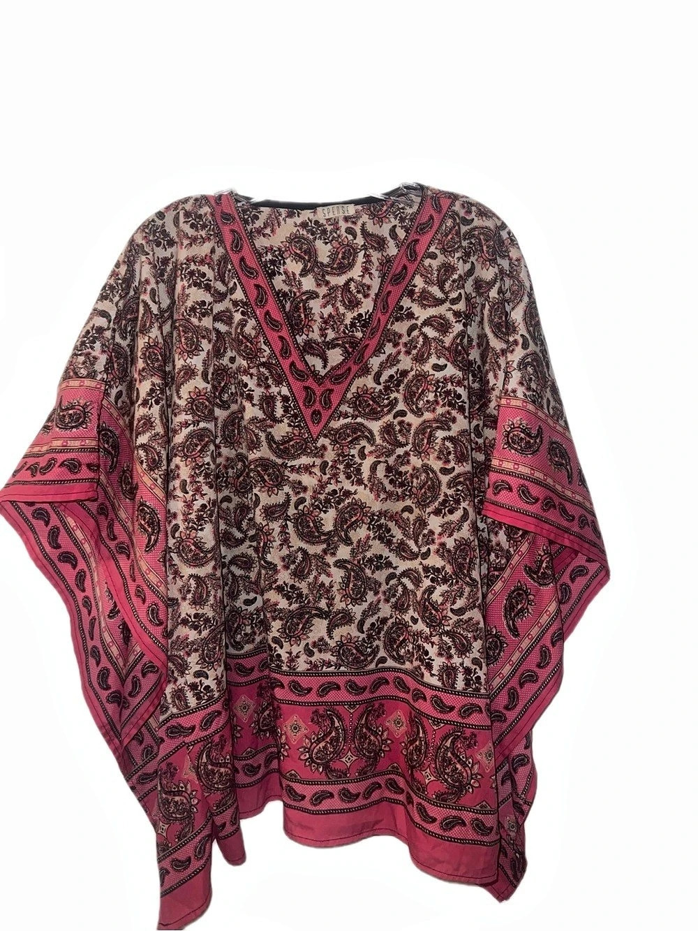 SPENSE Boho Paisley Kaftan Poncho Top - V Neck Pink Black - One Size / L - Flowy